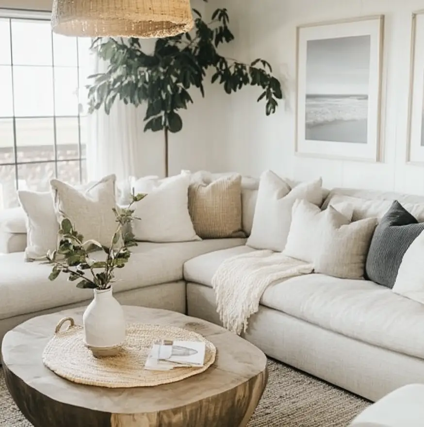 Small living room with neutral furniture and greenery.